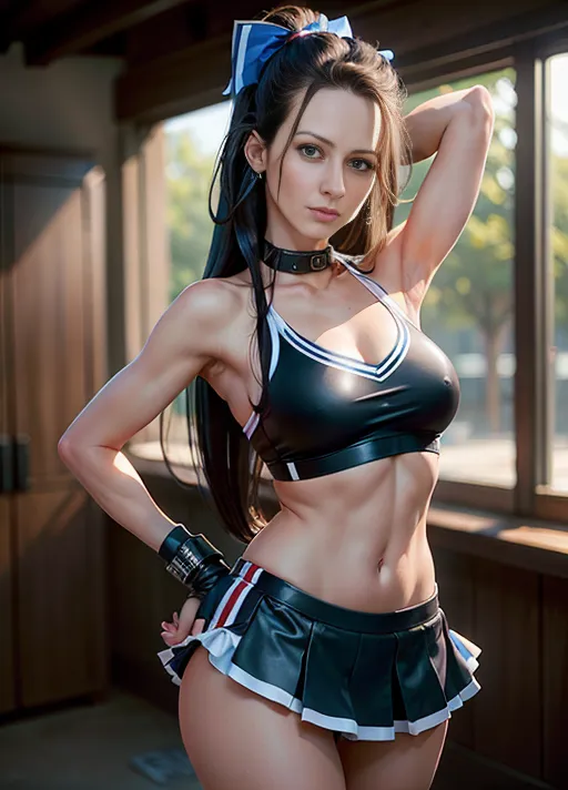 Ultra HD resolution, best quality, digital professional photograph ((Amy Acker))(((accurate face))), (full front view), (view from head to toes),(full front view), (perky ample breasts), (wearing a cropped blue white cheerleader top)(wearing cheerleader skirt)(wearing leather collar and shackles), ((in a brothel)), lustful, seductive, (worried), demanding, orgasm look, highly detailed eyes, perfect eyes, beautiful face, ((skinny athletic build)), RAW color, canon lens, sharp focus, earrings, (depth of field:1.5),(photorealism:1.8), (masterpiece), (((long SLEEK Straight French Bob hairstyle)(BLUNT)(BANGS)))((jet black hair)),(dominant aggressive standing pose), ((smirking flirting facial expression))((head slightly tilted to one side))