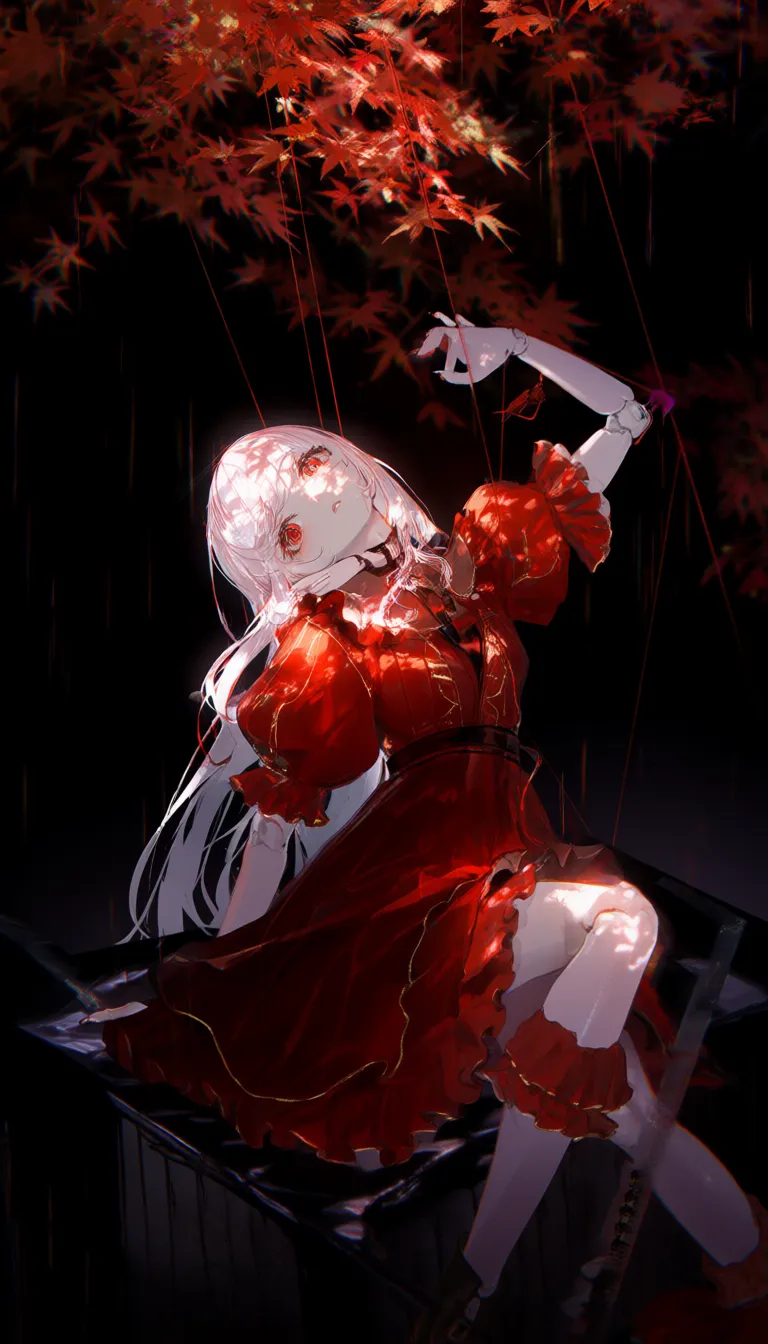 1girl, solo, doll joints, long hair, white hair, red eyes, red dress, frills, puffy sleeves, knee boots, puffy short sleeves, sitting, puppet strings, chromatic aberration,
gold trim, eye focus, head tilt, leaning back, downblouse, close-up, dappled light, black theme, tree shade, maple leaf, rain, red theme,
absurdres, masterpeice, best quality, very aesthetic