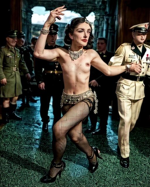 a glamorous socialite lady dances naked with an army officer in only her shoes and jewelry at a club in world war two Europe with other officers and their women in the background