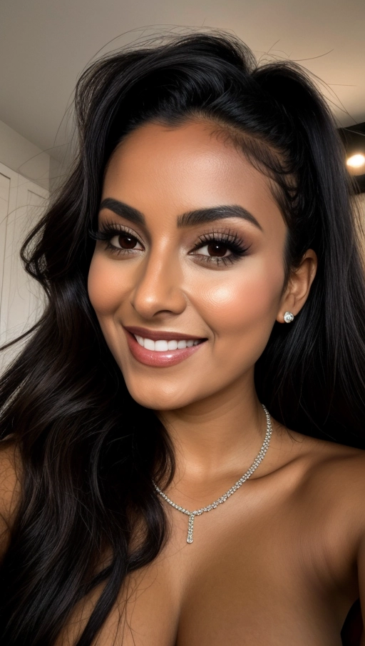 dark bed room, ((young Mexican lady)), ((very dark tanned)), naked, dark shining eyes, round face, dark long hair, hair in half-up style, snub nose, thin eyebrows, no makeup, necklace, (((close up))), teasing smile, reddened cheeks, (natural erected breasts) ,(( lying on head))