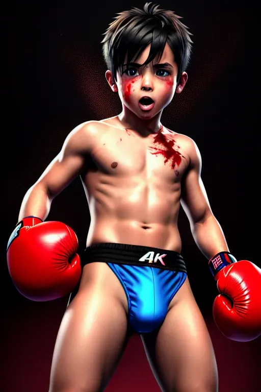 Full body little boy with a aroused expression in a g-string thong and boxing gloves, bedroom, cartoon network, 4k, vibrant colors, trending on deviantart , trends in artstation, high details, sweaty and bruised, sweat, bruised, bulge, wounded, blood, bleeding, punched in the face, getting hit