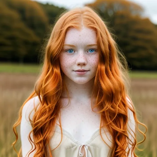 A beautiful ginger Irish teenager with long wavy hair and freckles