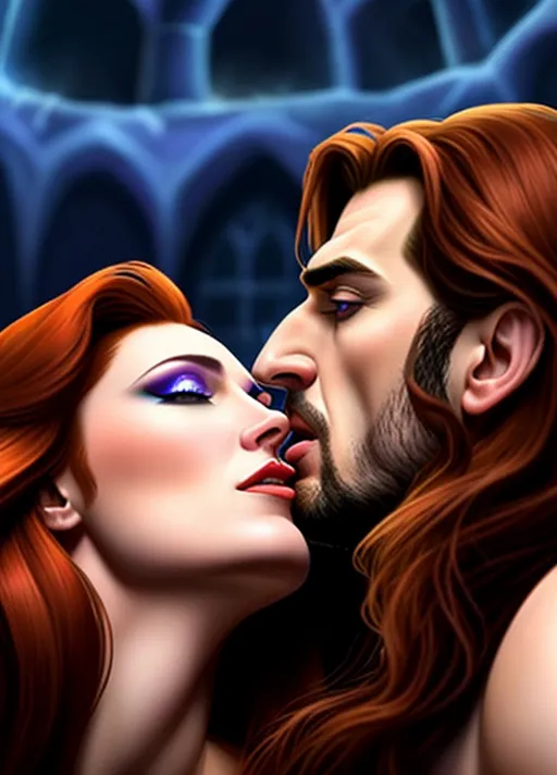 low angle hypnotized sweet Beautiful youthful entranced auburn haired Queen Anna of Arendelle sharing a dark embrace and passionate kiss of the stoic and debonair Van Dyke goatee raven haired Dracula his fangs bared as she pulls her hair to one side arching her neck preparing to receive his vampiric bite, in the the very dark cramped spooky cobwebbed halls of a haunted house photorealistic.