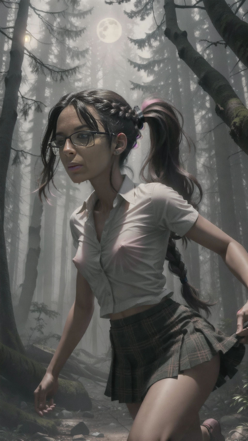 young beautiful, Jenna Ortega, realistic hands, messy long black hair, braided ponytails, wearing glasses,running through a dark forest, motion blur, misty, mysterious, horror, small breasts, pink nipples, perfect teeth, anatomically correct, five fingers per hand, HD resolution, HD wallpaper, high contrast, professional, realistic, photorealistic, freckles, highly detailed, detailed face, young, professional photograph, winter, Ray tracing, skinny, realistic skin texture, (photorealistic), low angle shot, (masterpiece), (best quality), cold, moonlight, dark, ripped white shirt, tartan miniskirt, scared