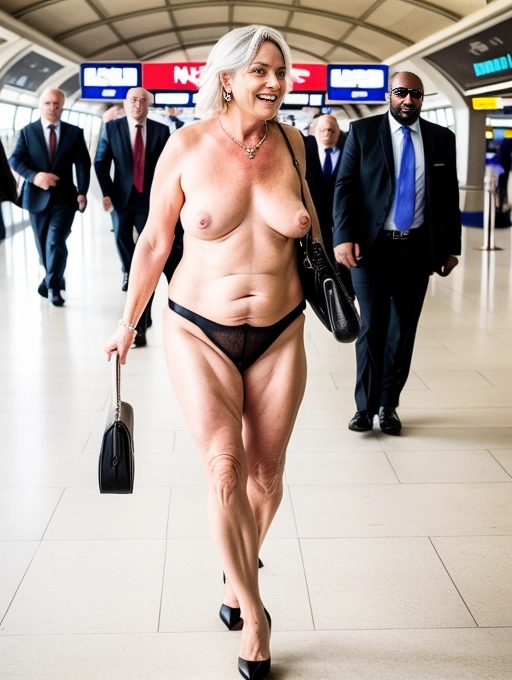 A naked mature middle aged lady, natural saggy breasts, aroused vulva, pot belly, is a bold and uninhibited VIP with her security body guards as she walks brazenly naked wearing only her high heel shoes, through a concourse in a public airport