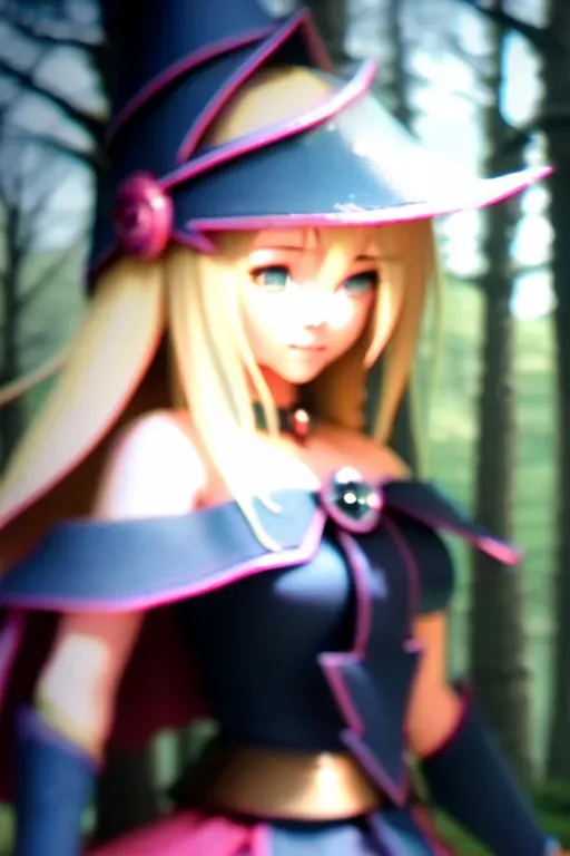 dark magician girl, mksks style, (very detailed background:1.0), (highly detailed background:1.0), masterpiece, best quality, (1girl), solo, (forest), long hair, blonde hair, blue headwear, wizard hat, spell casting, nature, trees:1.2, motion blur, magic, (moonlight:1.2), chromatic aberration, depth of field, soft lighting, highly detailed face, highly detailed eyes, <lora:dpmg_dark_magician:1>