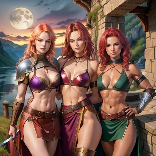 High fantasy setting (Dungeons and Dragons), two young women (Olivia Wilde with long blonde hair in ponytail and Dina Meyer with short red hair) wearing purple and blue armour, skirt to knees, high leather boots, medium sized breasts, cleavage, toned and slim body, abs, slender arms and legs, small ass, midrif, narrow waist, sensual expression, sharp features, very beautiful face, detailed eyes, arched eyebrows, sexy pose, holding sword in one hand, looking at the viewer, sensual and self assured smile,
castle on a cliff next to a lake and forest in the background, full moon, moon light,
two arms, two hands, five fingers, detailed fingers, two legs, two feet