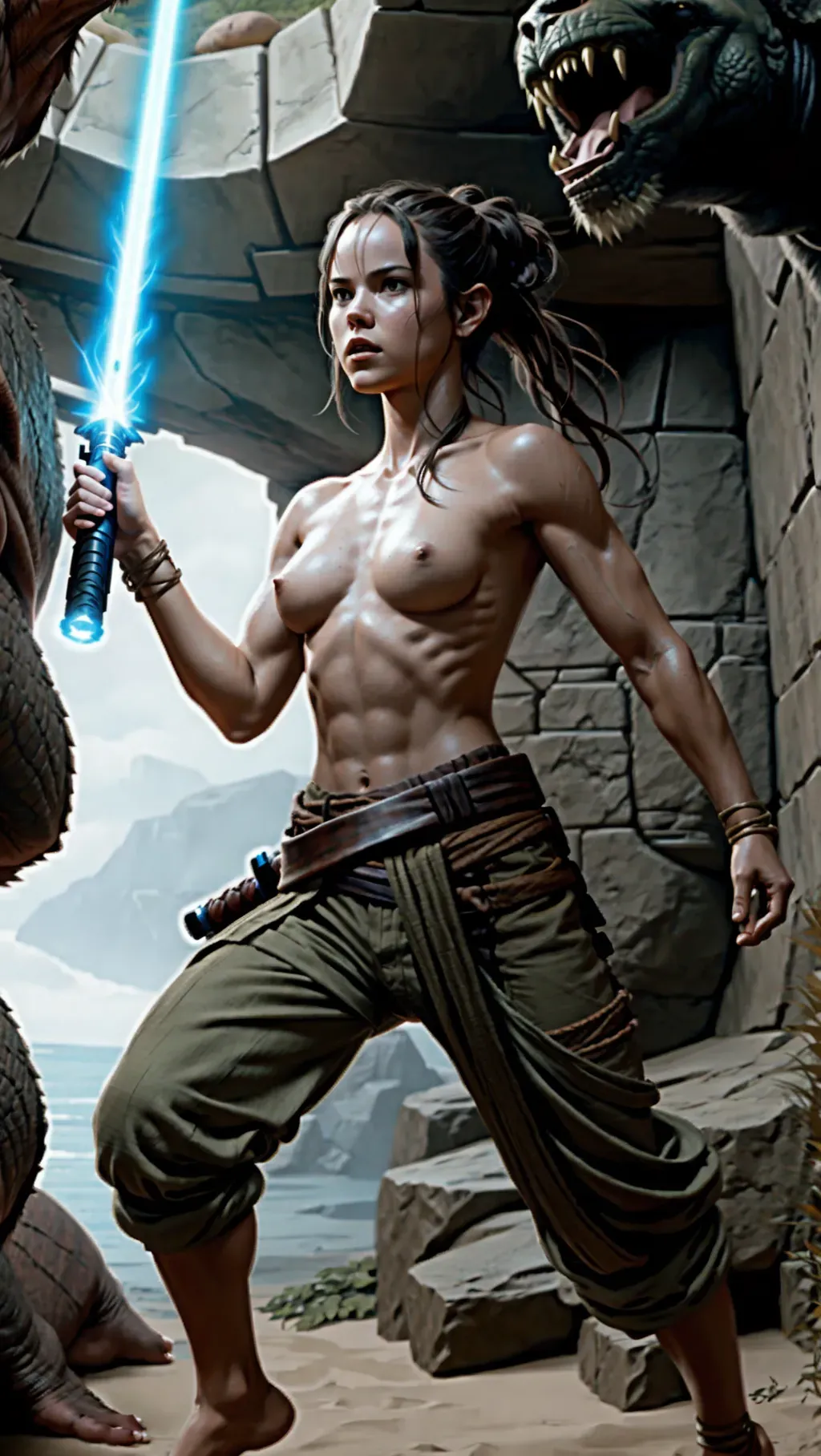 Dopamine Girl - topless barefoot Rey Skywalker wearing her normal warrior  pants with toned muscles while holding her lightsaber and fighting inside  the Rancor pit with a Rancor attacking her, barefoot, barefoot,