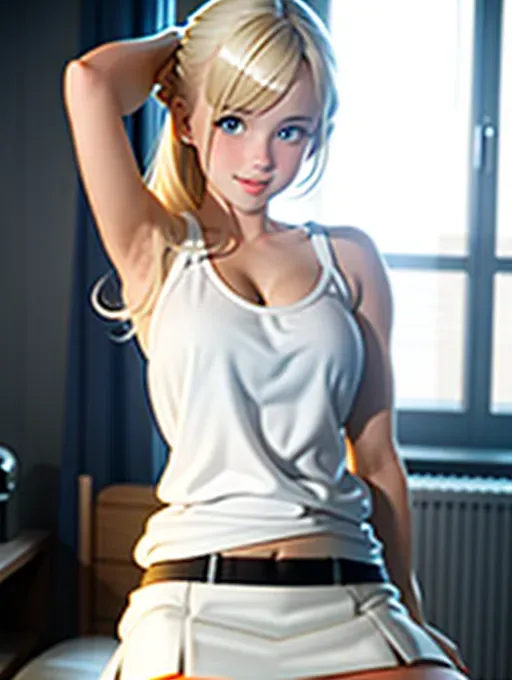 cute blond girl in white tank top and white miniskirt masturbating