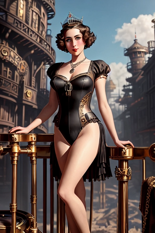 1920s style. Portrait of the gorgeous Young Queen Elizabeth the Queen Mother, ((accurate face)), ((full body and legs visible)) seductive, wearing crown and ((leotard)), natural breasts, standing in an ((alternative steampunk)) cityscape wearing necklace, five fingers per hand, beautiful face,beautiful lips,curved eyebrows,curved eyelid,satisfaction,highly detailed,sharp focus,cgsociety,cinematic lighting,pixiv,