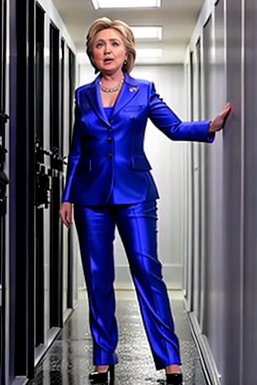 Hillary Clinton wearing shiny pantsuit hostage in basement
