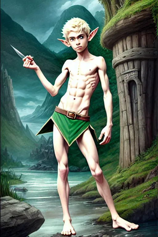 small elf boy skinny body sexy skimpy girl clothes spikey hair eye liner girly clothes barefoot