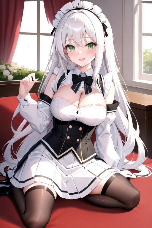 long hair, pale skin, white hair, green eyes, black choker, giant H-cup breasts, wavy hair, white maid uniform, smiling, full body photo, 28 years old, miniskirt, cleavage, high heels, corset, 8k quality, boots, in living room