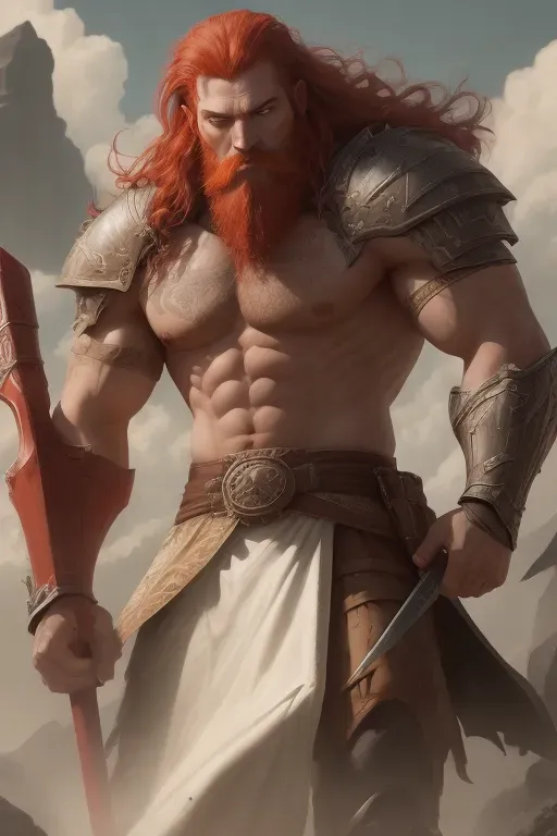 Lord of the rings, fantasy, human warrior, ranger, barbarian, holding a large serrated war hammer behind the back like a rifle, red hair shaved on the sides, blue eyes, red beard, white, strong chin, fit physic, tattoos red and brown warriors armor and tunic, large black belt, battle stance, ready to fight, high definition, great lighting, great shading, 4k quality, five fingers per hand.