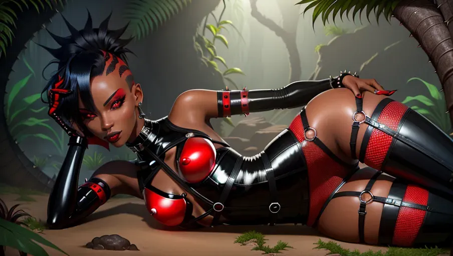 dominatrix girl, petite, black skin, red spiky hair, beautiful, bondage, african jungle, anal sex, small smile, dark eyes, beautiful eyes