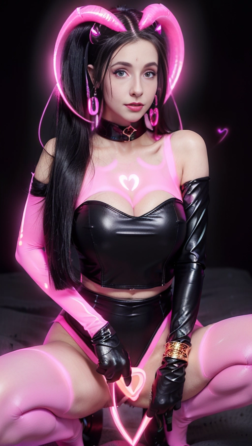 best quality, (((ultra high res))), (((detailed face and eyes))), (perfect face), (big shining heart choker), earrings, jewelry, (((big glowing succubus mark))), ((((big glowing succubus bodymark)))), (((conjuring))), (witch), ((very long voluminous hair)), (((black gloves))), ((black hair)), (((single black ponytail))), (((golden bracelet))), (((huge golden hair cuff))), (((pink skintight neckholder))), ((face closeup)), (lipstick), (((neckholder))), (((((black demon tail))))), ((black long sleeves)), ((purple glowing heart)), (((big cameltoe))), (((demon mark))), heart on womb, (((((bright pink glowing skin tone))))), (((straight black hair))), ((pink glowing clothes)), ((luminescent)), (((pink luminescent skin)))