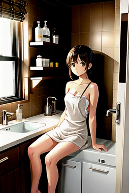 naked young woman sitting in sink, soap everywhere