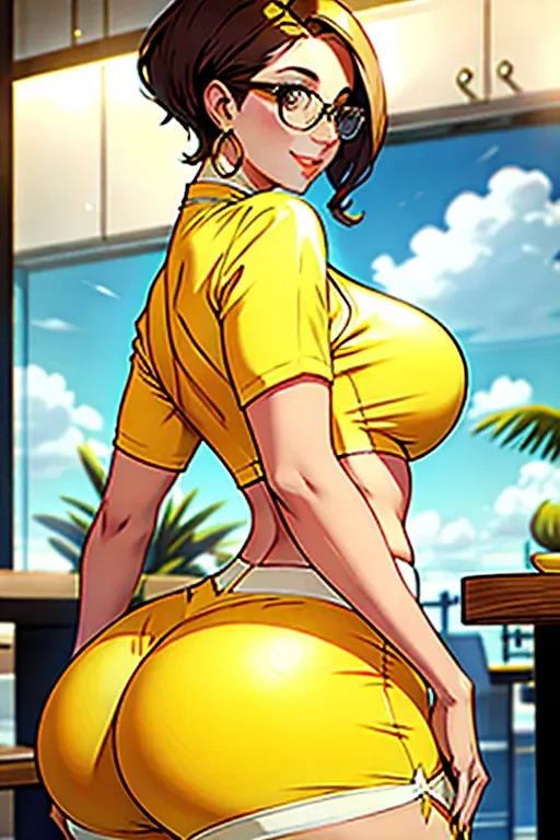 :thicc beauty stylist
:big wide hips and ass
:big breasts
:pretty smile
:small waist
:brunette short hair
:glasses
:yellow crop top and white booty shorts
