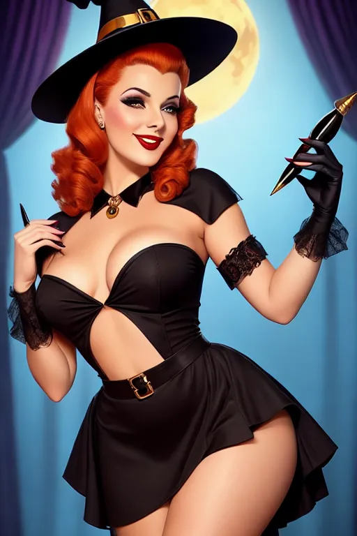 Full color, Halloween, gorgeous witch, cauldron, warm sexually welcoming smile, (flirting with me), closeup, 1940s style pinup hairstyle and makeup, looking into the camera lens, (deep plunge sweetheart style neckline)(revealing navel), cleavage, miniskirt, sexually aroused, Halloween decorations, sexually excited, ((curtsying))((showing pussy)),trimmed pubic hair, stiletto heels,