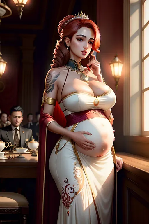 a illustration of, congress woman AOC,wearing empress dress,leaning against the wall,in a tea party,big breasts, (pregnancy),five slender fingers,short thick red hair,charming face,beautiful lips,brown eyes,curved eyebrows,smooth skin,peaceful,tattoo,cgsociety,studio lighting,unreal engine,surreal,cinematic lighting