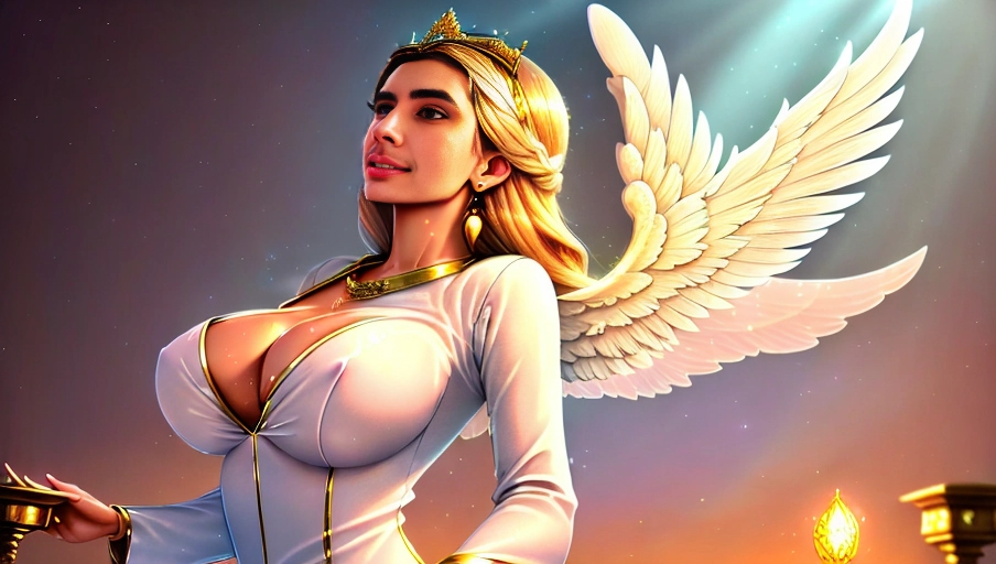 a 64k high detailed photo of body shot of straight Female HDR Professional ((In clothing))) ((Has Attire)) Godly Ultra Detailed Best Quality Most Detailed ((Angel Wings)) Angelic Lighting Love Hope Magic casting Crown Smiling Queen happy Glory Warrior Angels Angelics Positivity Happiness ecstasy enraptured sweaty saving God Royalty Morality Goodness True Good Power Force Authority Ethical Saviour Halo short Hair Always and Forever Sentimental in heat hot ultra hot best best lighting tantric Neutral Brilliant Logical Compassionate Perfect Perfection Exciting Integrity Winged Courage Purity Harmony Beauty mark on upper lip ((Female)) Ethereal Lighting Celestial Lighting (((With Clothes))) ((With God Item)) ((God Tech)) with items of power God Wings