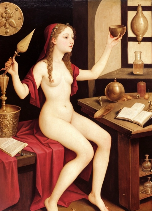Liebeszauber is a late 15th century painting which portrays a young naked witch casting a love spell, fashionable pointy-toed flat-heeled slippers, in her laboratory filled with alchemical apparatus mortars scales crucible hearth, auspicious augeries signs portents familiar, medieval german early renaissance, not only will she woo her love but she will utterly captivate him