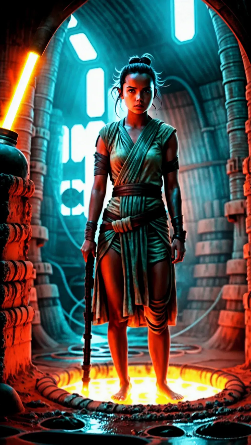 barefoot Rey holding a battlestaff while standing in a deep vat full of thick glowing toxic radioactive sludge inside a vat filled with liquid glowing toxic radioactive waste inside the Death Star stepping in thick pool of sludge with glowing radioactive sludge between her toes. barefoot. barefoot. barefoot. star wars.