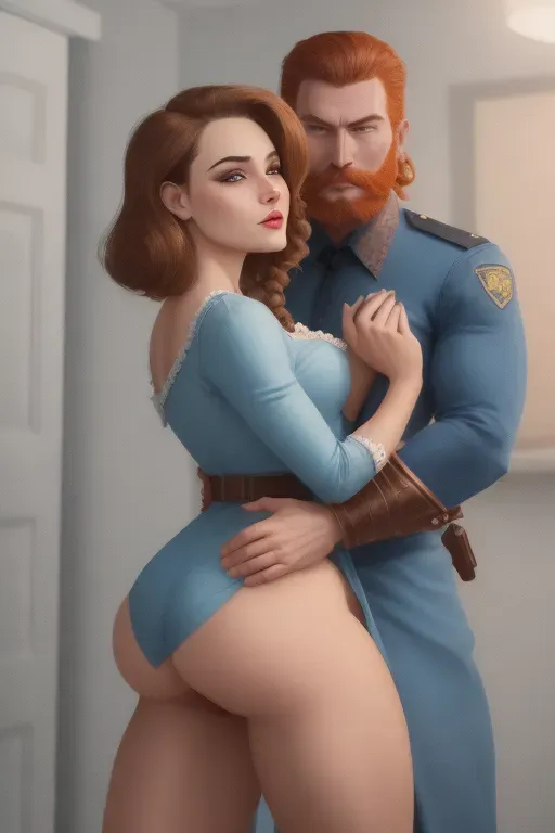 A 1950s housewife being held and fucked by a county sheriff, fair skin, braided brunette hair, dark eyebrows, blue seductive eyes, small nose, sharp cheekbones, soft cheeks, sharp chin, full lips, orgasm smile, tattered pink blouse, thin figure, small breasts, thin thighs, thin ass, being fucked by a redhead County sheriff with a throbbing dick, red beard, Andy Taylor, muscles, tall, erect dick, vaginal sex, high definition, 4k quality, cinematic lighting, great shading, excellent detail, five fingers per hand, <lora:dpmg_carrying_sex:1>
