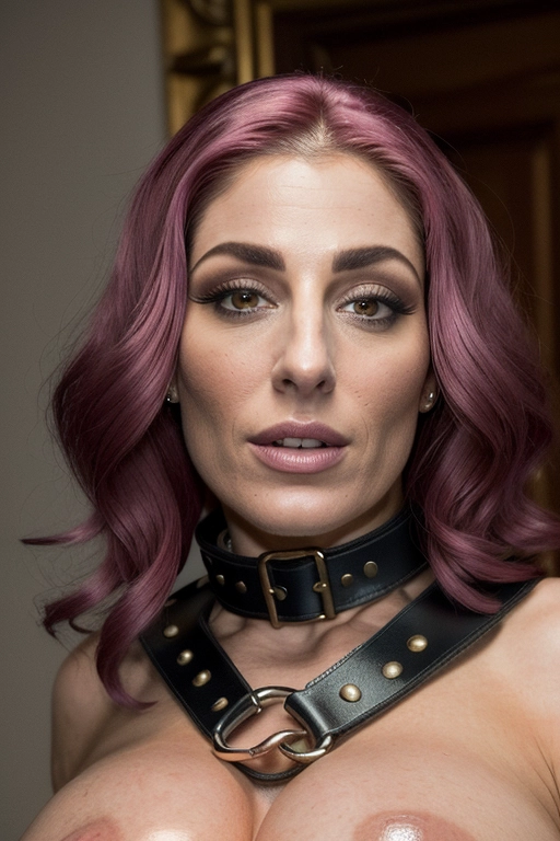 photo, 16k, masterpiece, a naked beautiful woman in her 20s, looks like Julianna Rose Mauriello as Stephanie from Lazy Town, (look of submission on her face:1.2), (wearing a thick heavy leather slave collar:1.3), (close-up of face), close-up of breasts, detailed face, detailed eyes, detailed breasts, detailed nipples, skin pores, in a private club