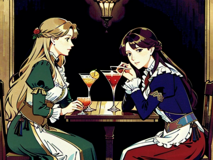 a 8k high detail photo of two different ,middle aged,caucasian women , having cocktail, in a bar, in the style of alphonce mucha ,in 1890 outfits, long flowing hair