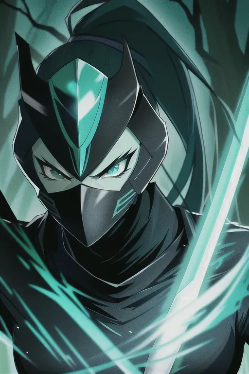 Ninja, full face mask, teal, glowing green accents, with a sword, female, 8k wallpaper, best quality, ultra hd, global lighting, hi-resolution, high quality, highly detailed, in a dark forest
