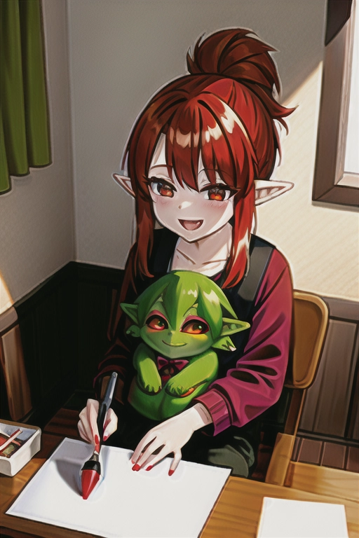 Red head goblin girl, green skin, pointy ears, holding paint brush, drawing, cute, happy,
<lora:headpat:1> <lora:virgin_destroyer:1>, Happily sitting on lap