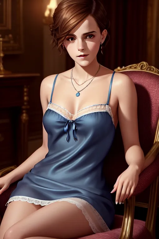 a oil painting of,emma watson,wearing nightie,sitting in a chair,at the party,amazing breasts,five fingers per hand,short hair,charming face,beautiful lips,blue eyes,curved eyebrows,curved eyelid,romantic,wearing necklace,surreal,professional,pixiv,unreal engine,artstation