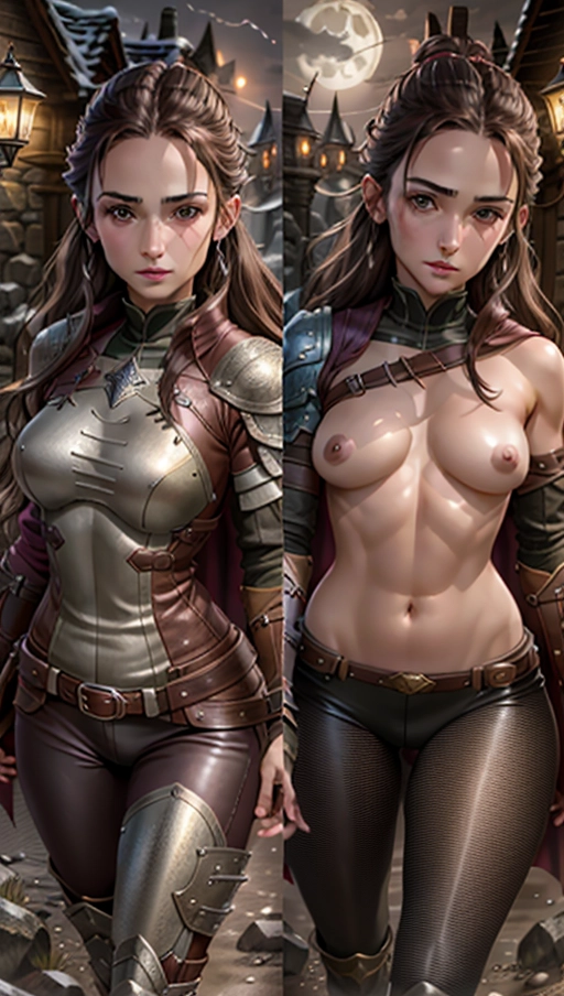 ((rpg leather armor)), ((skimpy)), (tight clothes), ((small breasts)), (adventurer), fantasy, brunette hair, ear piercing, (((extreme detail))), (very realistic lighting), ((night)), (rogue class), hazel eyes, Realistic lips, (((realistic anatomy))), woman, outside, HDR, (((exposed breasts))), (realistic breast), ((extreme detailed skin)), 64k, <lora:onoff:1>, (petite frame), (vignette), ((moon light))