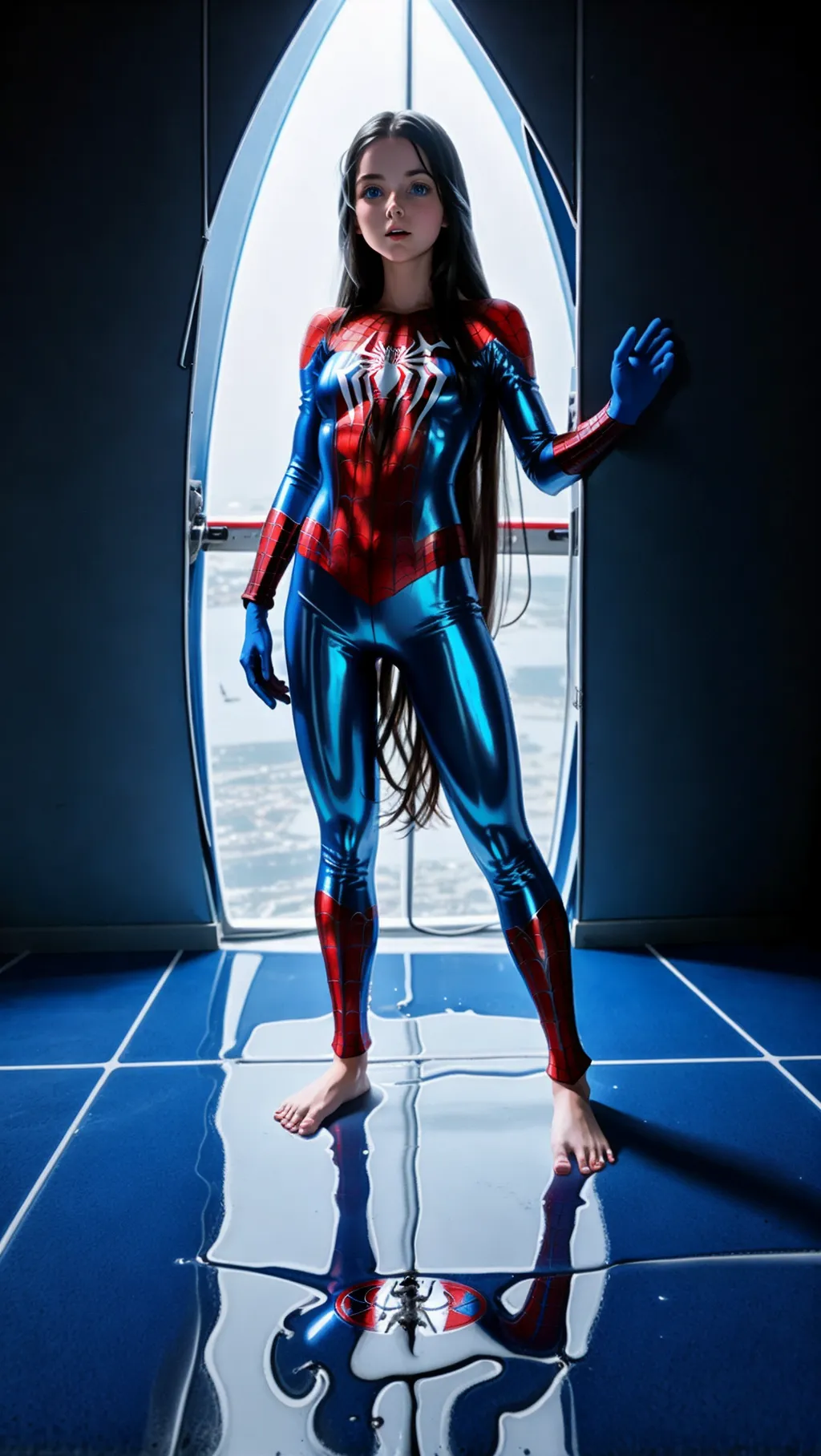 full-body image of a gorgeous barefoot girl with long hair and blue eyes wearing Spiderman outfit and gloves while standing on an alien spacecraft with her feet stuck in a melted glue trap in the floor, sexy feet, barefoot, exposed face, exposed head, bare feet, metal toe cuffs, ankles restrained,