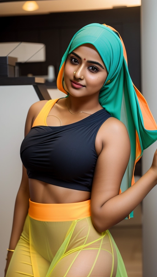 ((professional photograph of a 20 years old fit busty indian hijab girl with tanned skin and thick thighs wearing a hijab exposing deep cleavage and open chest and legs looking at the camera)),
cute face, cute eyes, realistic cute face, highly detailed cute face,
highly realistic cute face, reflective eyes, cute eyes,
(short hijab),
(deep cleavage),
(sexy colorful cloths),