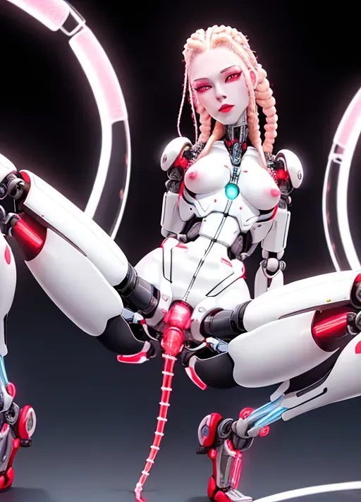 A picture of a skinny, trim waif, lean and lanky, pale white skinned cyborg woman, light red dreadlock and braided hair with luminous beads, futuristic, naked, half Biomechanical cyborg, detailed robot parts, sexy, small breasts, laying on back, legs spread, tattooed face, extremely detailed face, highly detailed body, perfect lighting, lit face, black backdrop with digital highlights, looking at viewer, natural exposed pussy, legs wide open, full lips, wet open large vagina, bright red lips, realistic pussy, soft smooth blue tinged white skin, bright side lighting with deep shadows and contrast
