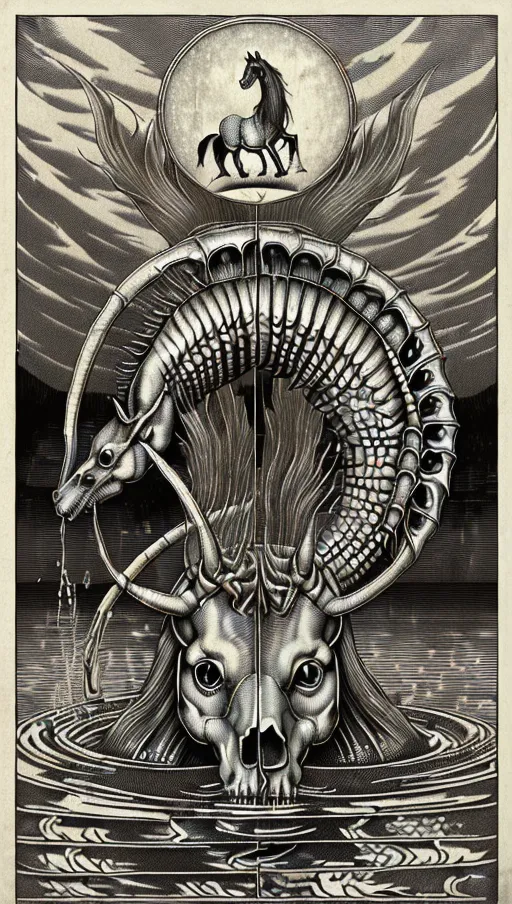 ((128k masterpiece)) (In water reflection is skull image) vintage etching style illustration of a Scottish kelpie water creature, (((Vintage line etching style))). a bestiary image of a traditional (welsh kelpie fantasy mythical creature), dynamic compositional poster art)), kelpie:1.5 water dwelling horse of sadness, ((half-horse-half-fish)) as in water reflection skeletons hands raise from water skulls in water