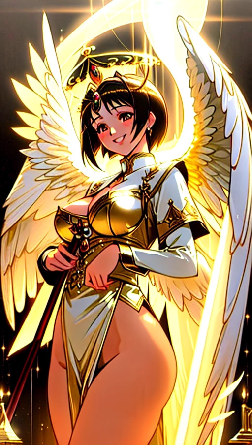 a 64k high detailed photo of Female Goddess, HDR, Professional, Highly Detailed, ((In Lingerie))) ((Has Attire)) Godly Ultra Detailed Best Quality Most Detailed ((Angel Wings)) Angelic Lighting Love Hope Magic casting Crown Smiling Queen happy Glory Warrior Angels Angelics Positivity Happiness ecstasy enraptured sweaty saving God Royalty Morality Goodness True Good Power Force Authority Ethical Saviour Halo short Hair Always and Forever Sentimental in heat hot ultra hot best best lighting tantric Neutral Brilliant Logical Compassionate Perfect Perfection Exciting Integrity Winged Courage Purity Harmony Beauty mark on upper lip ((Female)) Ethereal Lighting Celestial Lighting (((With Clothes))) ((With God Item)) ((God Tech)) (God Technology) with items of power God Wings ((Afterlife Light)) (Perfect Tits) (Perfect Ass) (Perfect Body) (Perfect Anatomy) (((((Love Worship)))) ((God Light)) ((God Staff))) ((God Weapon)) ((((Spirituality)))) (((Erotic))) ((Pinup)) AJH (Romance) (Smiling (Happy expression) ((Angelic Glow))