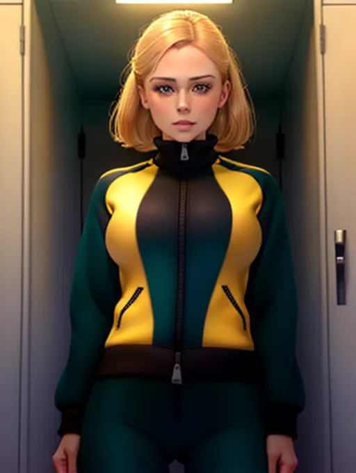 realistic HD photograph ((wide shot)), (((Sophie Thatcher))) ((((accurate face)))),(((in a locker room)))(((wearing unzipped yellow tracksuit with black trim)))(((topless))),((very sexy pose)),(((small perky breasts))),(((zaftig athletic body)))((evil smirk)), (((messy haircut))), five slender fingers, beautiful face, beautiful lips,detailed large eyes,curved eyebrows,cgsociety,cinematic lighting,studio lighting,professional,editorial,<lora:dpmg_fingering:1.5>