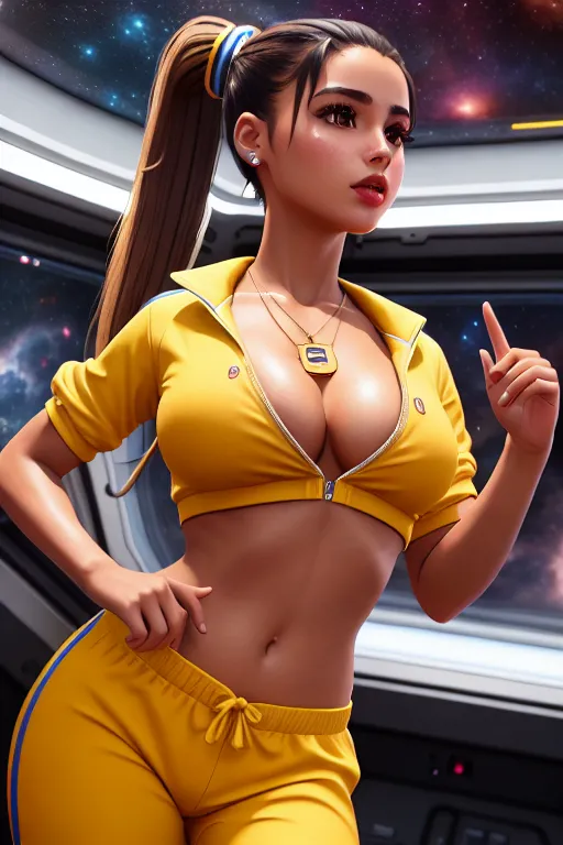 a illustration of,a colombia girl,wearing burger clothes,dancing,in the space station,amazing breasts,five slender fingers,ponytail,gorgeous face,beautiful lips,brown eyes,curved eyebrows,smooth skin,cosy,wearing necklace,unreal engine,8k,highly detailed,professional,surreal