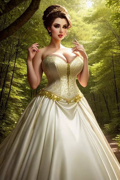 a digital art of,yor forger,wearing wedding dress,walking,in the forest,big breasts,five slender fingers,updo hair,charming face,beautiful lips,green eyes,curved eyebrows,curved eyelid,textured skin,joyful,wearing golden ring,ultra realistic,studio lighting,bokeh,sharp focus,pixiv