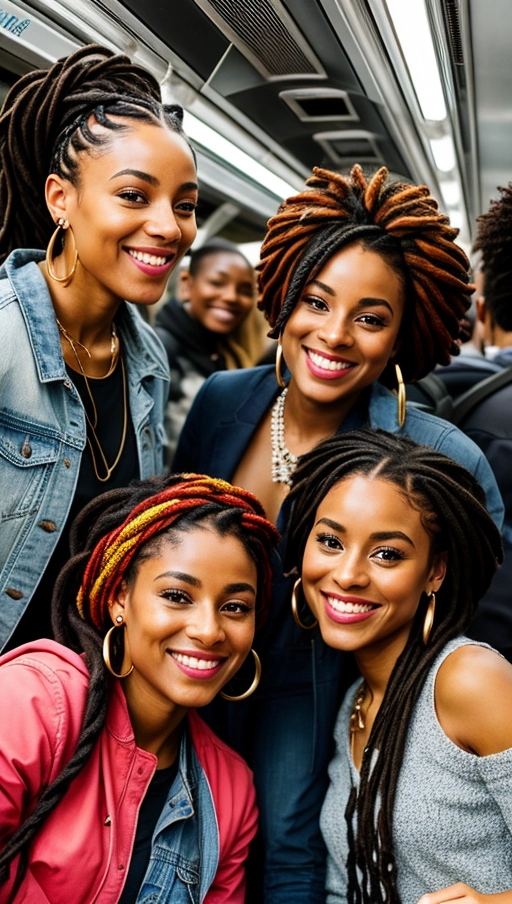 selected ethnic - African descent,
age range - 18 to 30 years,
scene - inside a Munich metro car,
location - standing close to an invisible observer,
woman 1 - braided hair with beads,
woman 2 - afro with highlights,
woman 3 - short curly hair with a headscarf,
woman 4 - long dreadlocks styled into a bun,
expressions - joyful and energetic,
pose - standing close together, holding onto poles or handles, interacting with each other,
accessories - statement earrings, layered necklaces, stylish backpacks,
makeup - natural with bold lip colors,
camera angle - eye-level, creating a sense of being part of the group,
lighting - natural metro lighting with a slight boost from a fill flash,
resolution - high to capture details,
camera type - DSLR,
camera settings - f2.8, ISO 800, 1-100s shutter speed,
focus - on the groups faces, capturing their joyful expressions,