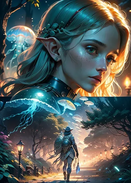 a digital photograph of, a beautiful elf female soldier wearing a futurist combat suit and holding a very powerful rifle is checking the area in a jellyfish forest, (integral modern armor covering the whole body), modern helmet, (beautiful face), highly detailed face, perfect green eyes, ((full face in frame)), (((close up face))), modern equipment in the hair, huge powerful rifle, looking around, <lora:dpmg_jellyfish_forest:1>, sci-fi, science fantasy, HDR, vivid colors, highest quality, highest resolution, (photorealist), photorealism, (masterpiece:1.4), wallpaper art