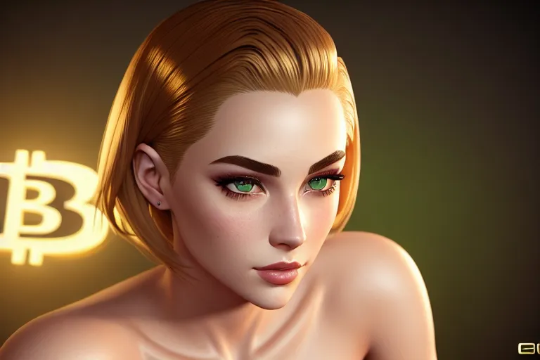 a color pencil draw of,a bitcoin girl,naked,natural breasts,five fingers per hand,undercut hair,beautiful face,beautiful lips,green eyes,curved eyebrows,pale skin,wearing golden ring,professional,8k,studio lighting,cgsociety,unreal engine