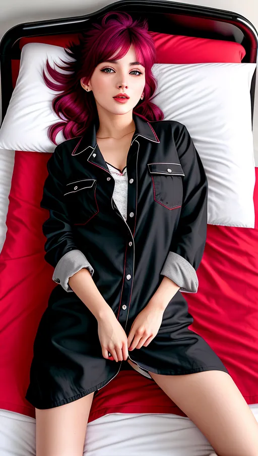 young 25 year old lady,(beautiful face with Downturned eyes with snub nose and lush lips), (black short crazy Manga style hair), beautiful grey blue eyes, (red doc Martin shoes), (red leader jacket and a opened up black shirt with huge letters), (((lying in a punky bed, head on bed sheet)))), shy smile, nice teeth, spreading legs, ((showing nice pussy)), errected nipples, expecting deep penetration, ((extreme close up)), (((ultra high resolution photo)))