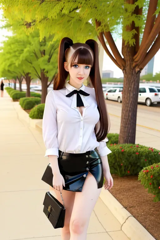full body, chestnut hair, green eyes, short girl, white miniskirt, black high heels, looking at viewer, long hair, pale skin, black necklace, black shirt, 24 years old, big breasts, cute face, pov, wavy hair, city environment, Oklahoma City, wide eyes, erotic, low pigtails, bangs