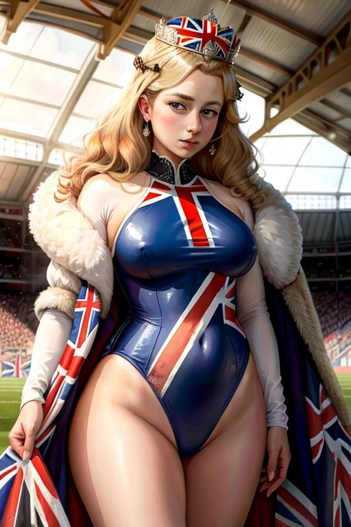 ((painting)),
(beautiful woman),
(((features of a young Queen Elizabeth II))), perfect face, detailed face, beautiful nipples:1.2), natural hair,
((wearing a Union Jack leotard)), in a football stadium
masterpiece
