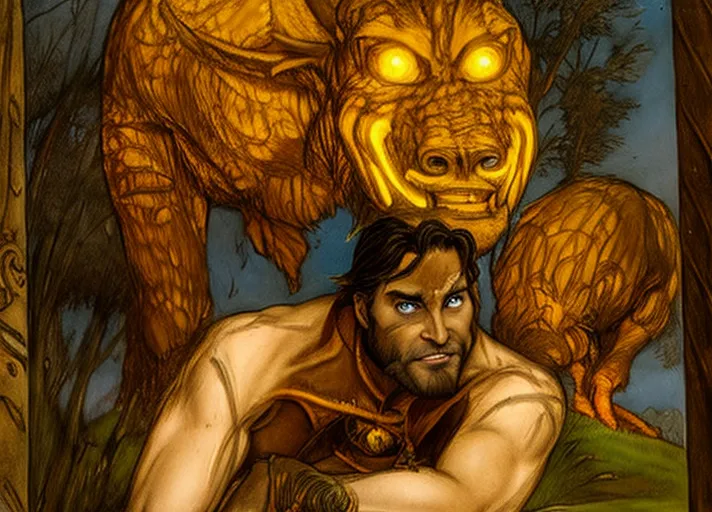 Prince Hans of the Southern Isles being perused by warthog headed Larfleeze after stealing his Orange Lantern of Averice. Photorealistic., dramatic angle, live action,