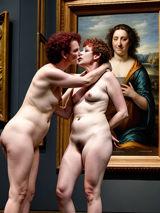 two naked middle aged ladies are getting sexual with each other in public at an art museum